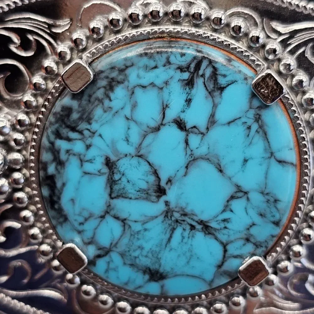Southwest Dyed Howlite Belt Buckle Rhodium Plated Blue Round Cabochon